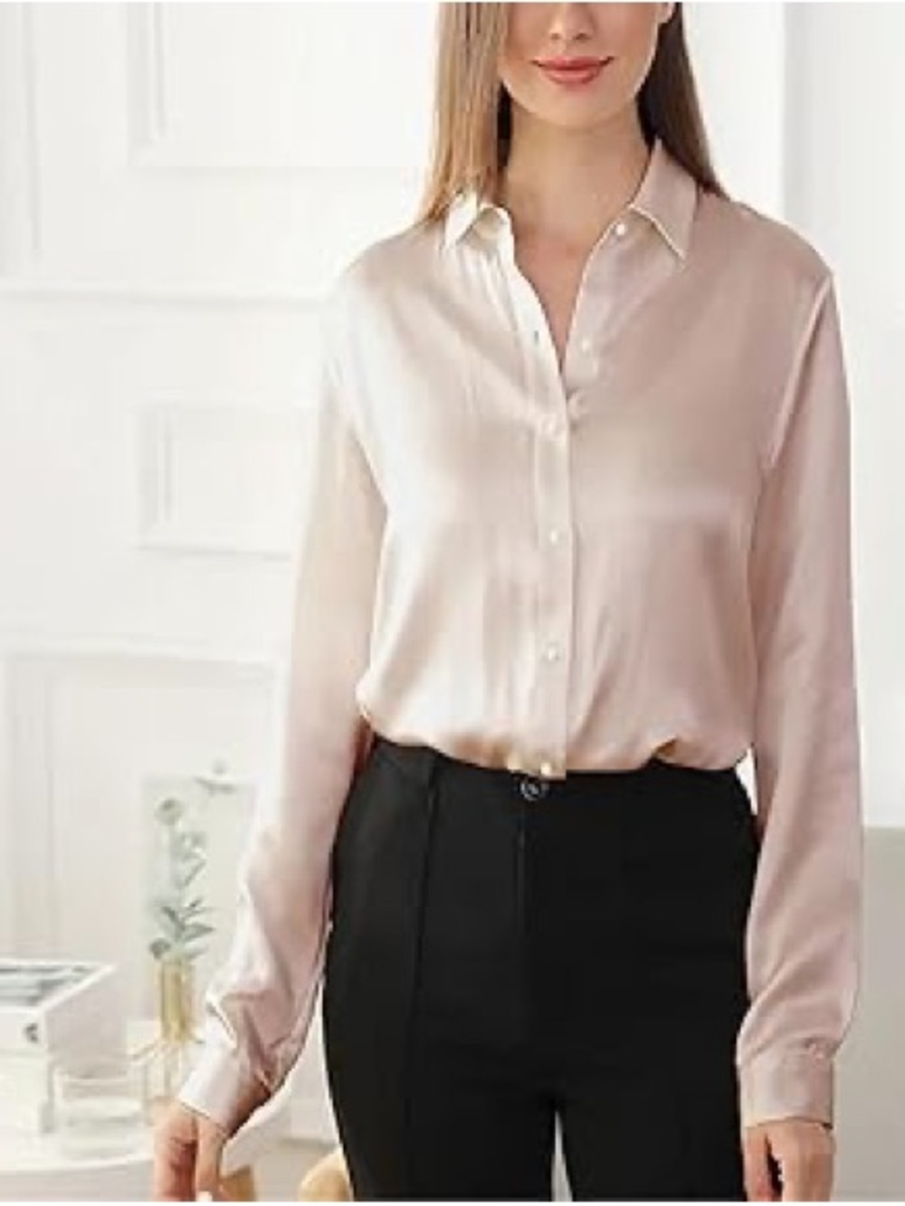 Guess Collection light pink cream colored collared button down blouse 100% silk